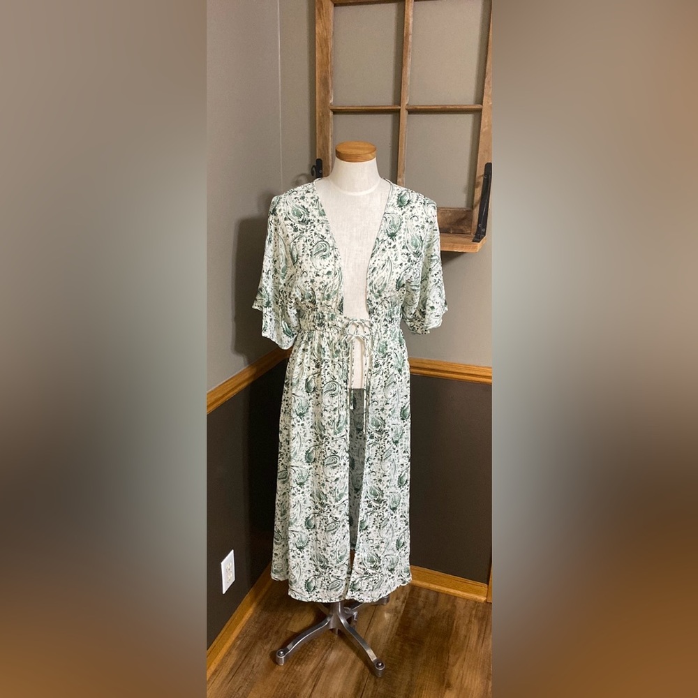 Lush green & cream paisley Midi cardigan swim suit cover up size small